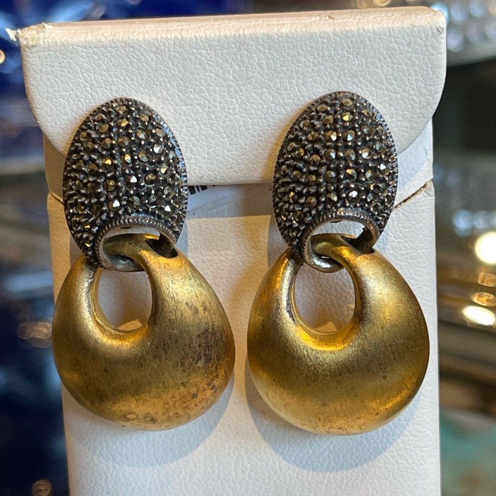 Judith Jack Earrings Marcasite w Gold Tone Dangle